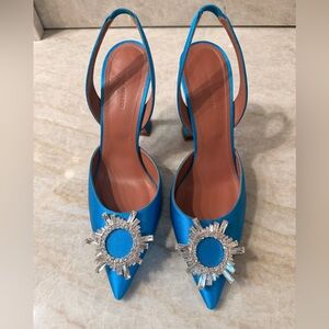 Amina Muaddi Turquoise Satin Pointed Slingback Heels with Crystal Sunburst
